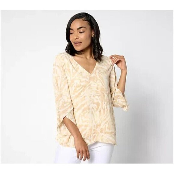 BEAUTIFUL by Lawrence Print Georgette V-Neck Blouse Natural Animal 3X A668235 - Picture 1 of 1